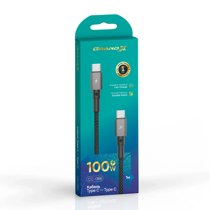 Упаковка кабелю Grand-X CC-08B USB-C - USB-C, 100 Вт, 1 м