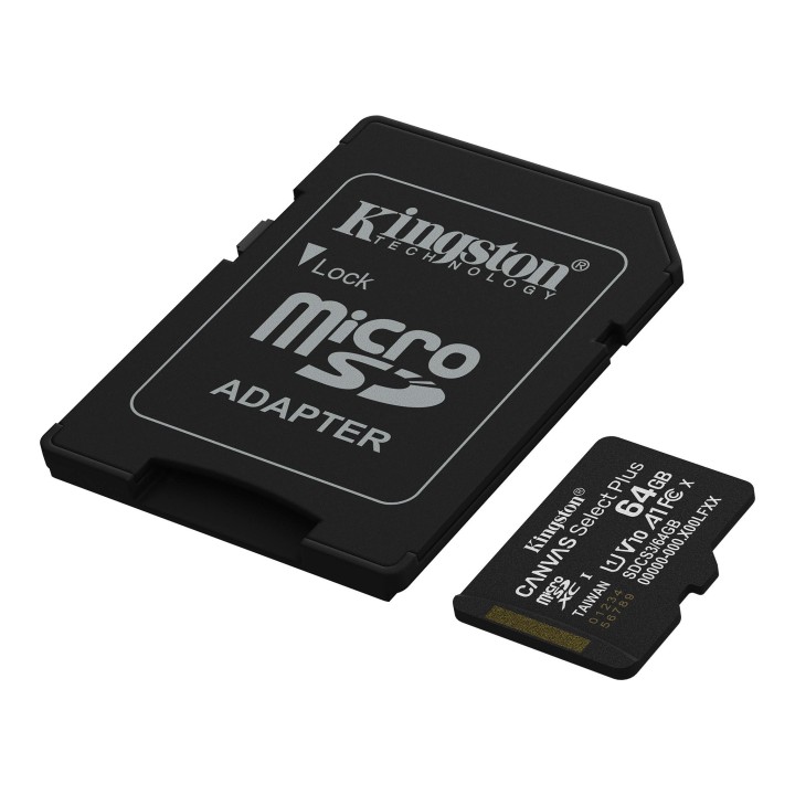Карта пам’яті Kingston Canvas Select Plus Gen3 microSDXC 64 ГБ із SD-адаптером - вигляд під кутом