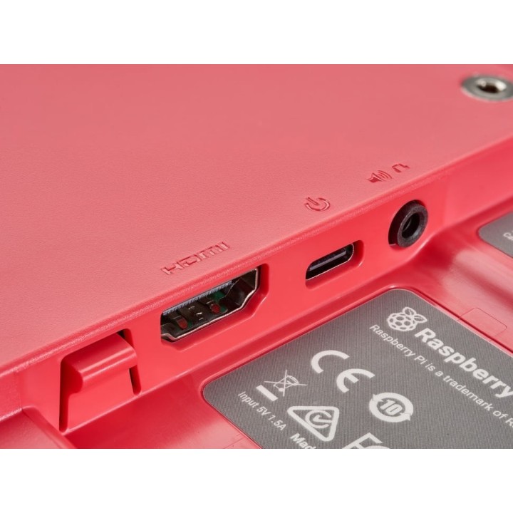 Роз’єми HDMI, USB-C і аудіовихід червоно-білого Raspberry Pi Monitor