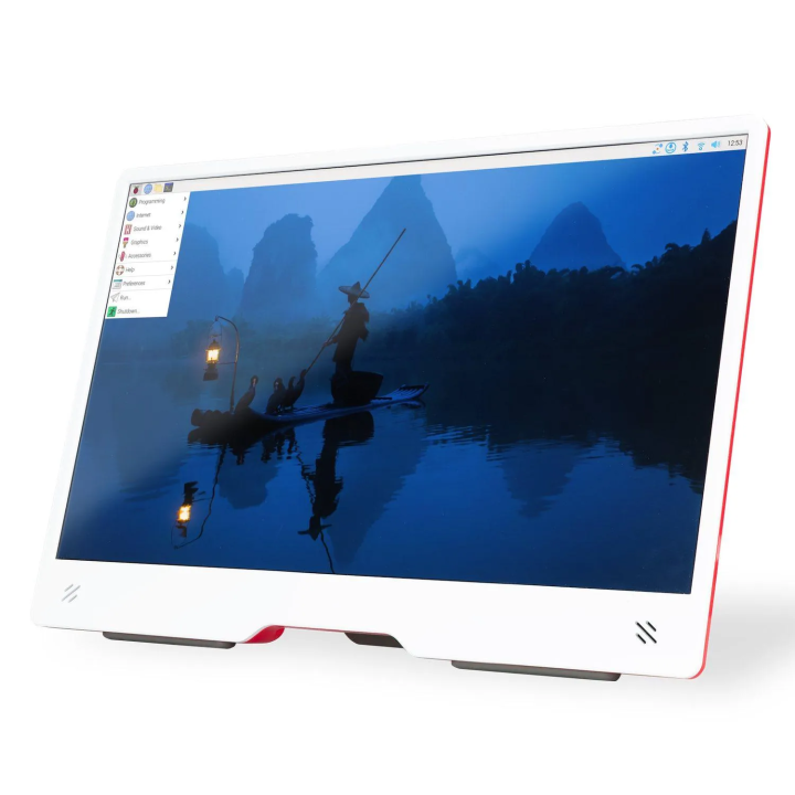 Raspberry Pi Monitor у червоно-білому корпусі - вигляд спереду під кутом