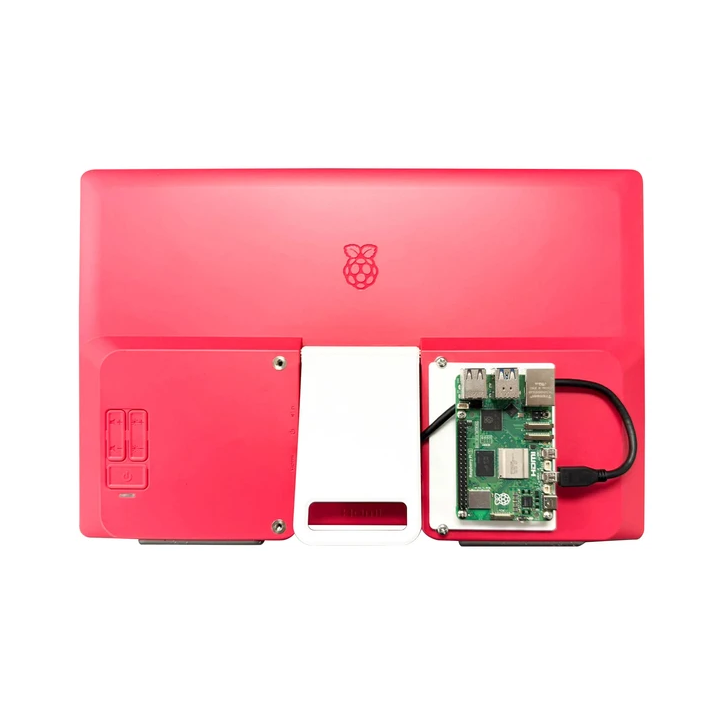 Червоно-білий Raspberry Pi Monitor із платою Raspberry Pi позаду