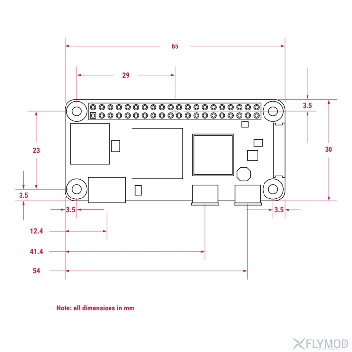 Raspberry Pi Zero 2 W - креслення габаритів і розташування роз’ємів