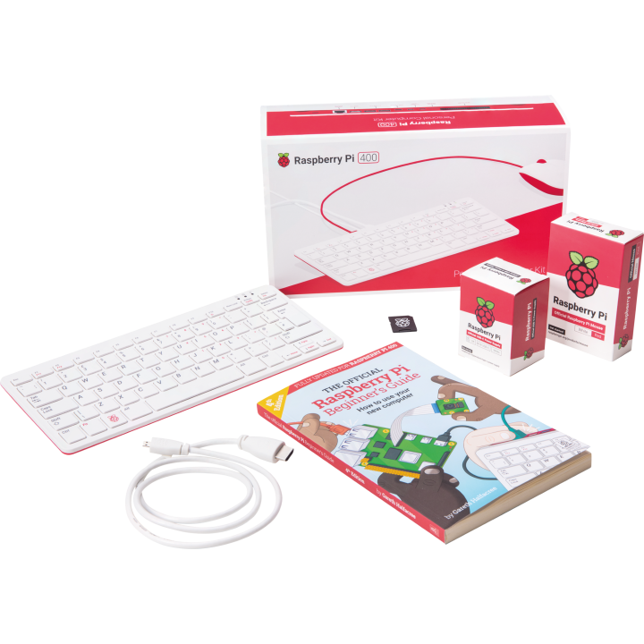 Комплект Raspberry Pi 400 з пакуванням, мишею, живленням, microSD, HDMI-кабелем і керівництвом