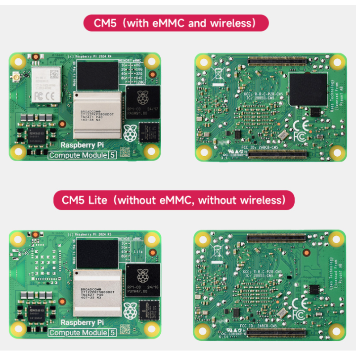 Порівняння Raspberry Pi CM5 з eMMC та Wi-Fi і CM5 Lite без eMMC та Wi-Fi, вигляд з обох боків