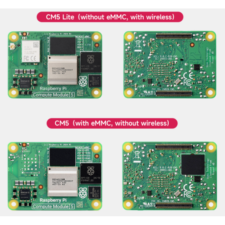 Raspberry Pi CM5 Lite з Wi-Fi та CM5 з eMMC без Wi-Fi, порівняння розташування компонентів