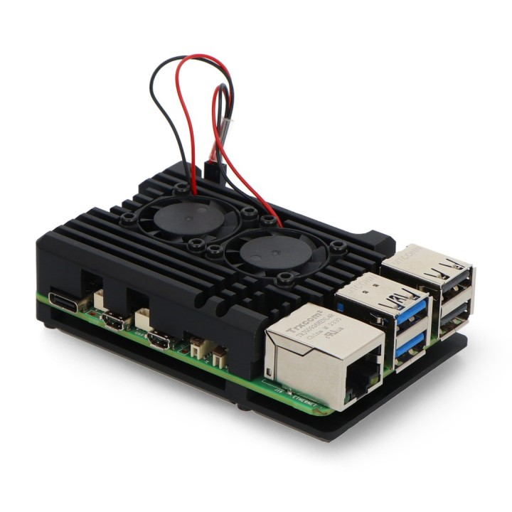 Алюмінієвий корпус для Raspberry Pi 5 з двома вентиляторами - вигляд з боку роз'ємів