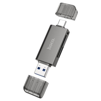 Кардрідер HOCO HB39 Metal Gray з роз'ємами USB-A та USB-C і знятими ковпачками