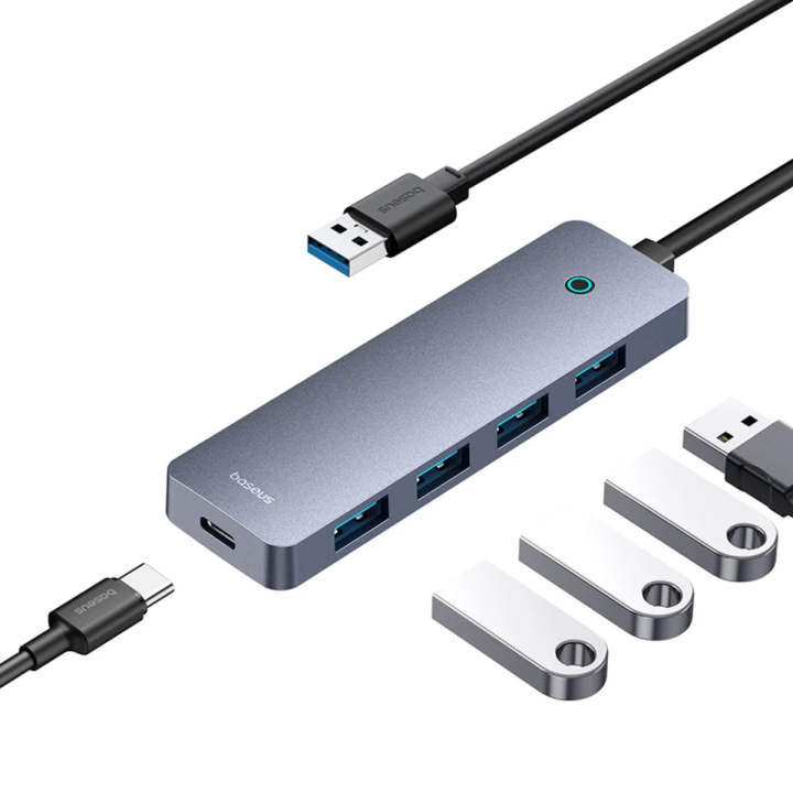 Порти USB-A та вхід додаткового живлення USB-C на хабі Baseus UltraJoy Lite