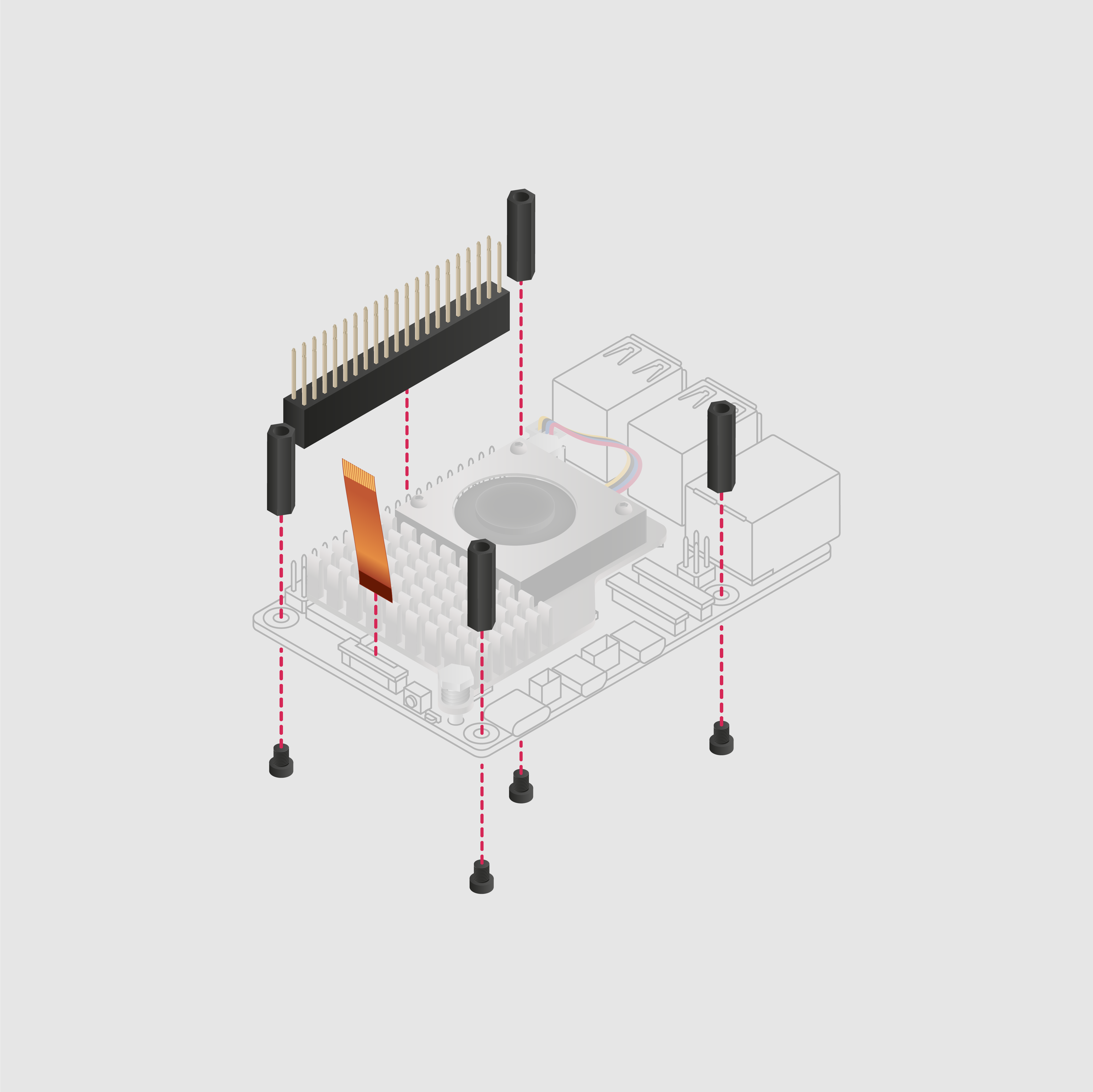 Схема монтажу Raspberry Pi AI HAT+ 2: стійки, гвинти, GPIO-перехідник і шлейф PCIe